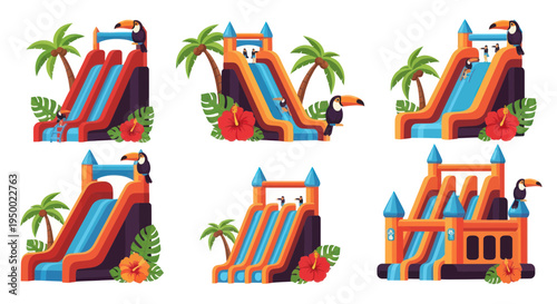 Tropical inflatable water slides with toucans and palm trees, summer fun