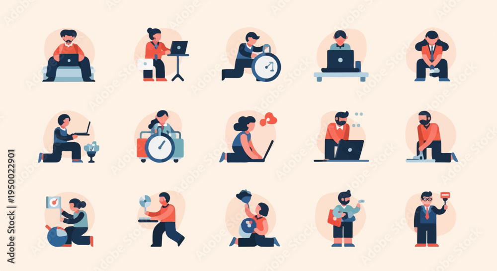 Fototapeta premium Diverse professionals engaged in various tasks, often with laptops and clocks