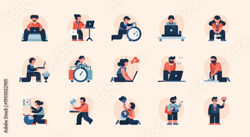 Diverse professionals engaged in various tasks, often with laptops and clocks