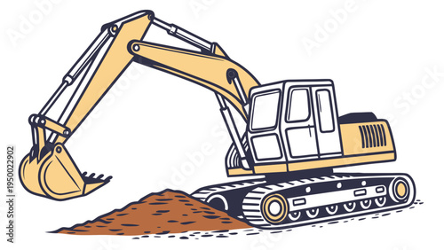 A yellow excavator digging into a pile of dirt with its large bucket