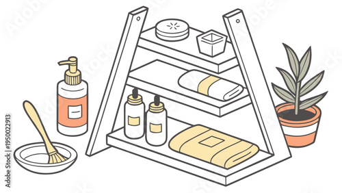A minimalist vector illustration of a bathroom shelf with toiletries and towels