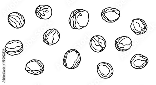 A simple black and white illustration of scattered almonds on a plain background.
