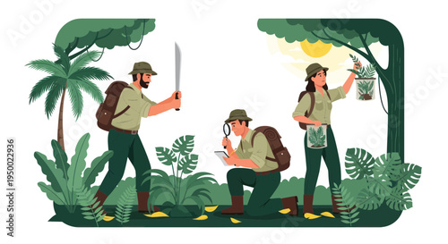 Explorers researching jungle flora, biodiversity discovery, scientific expedition