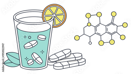 A vector graphic illustration of a glass of water with pills and a lemon slice next to a molecular structure