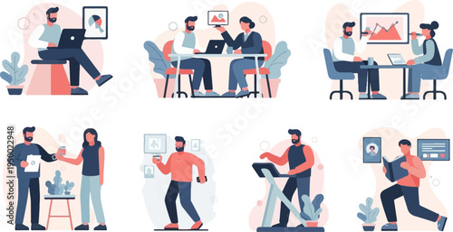 Diverse team collaborating, exercising, and learning in a modern office setting