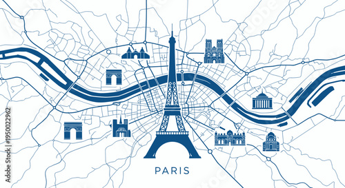 Paris City Map with Eiffel Tower and Landmarks, Blue Line Art