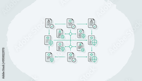 Blockchain technology with interconnected document icons representing a decentralized network.