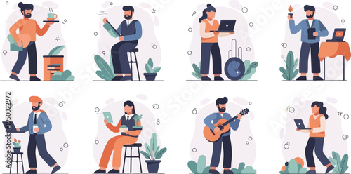 Diverse people engaged in various activities working, serving, and hobbies