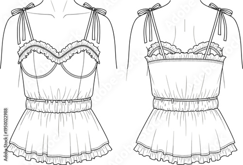 Women ruffle camisole top front and back view, fashion technical drawing, lingerie style blouse, sleeveless summer garment outline illustration