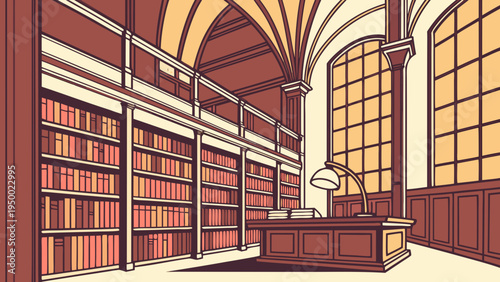 A vector graphic illustration of a large library with bookshelves and a desk