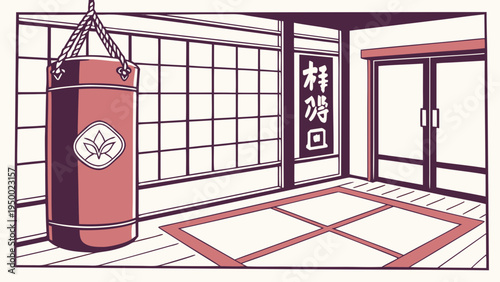 A minimalist vector illustration of a martial arts training room with a punching bag