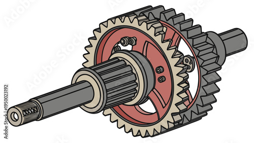 A detailed vector illustration of a mechanical gear system with interlocking cogs and shaft