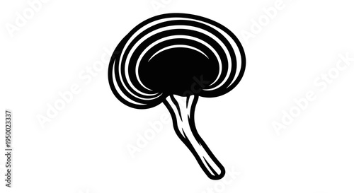 A simple black and white illustration of a mushroom with layered cap.