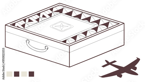 A minimalist vector graphic illustration of a travel box with a geometric pattern and an airplane icon