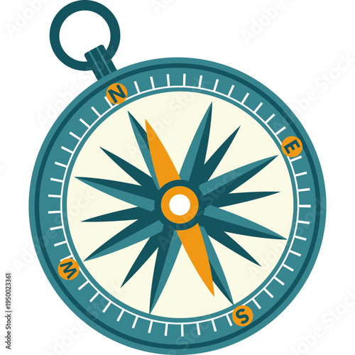 Teal navigation compass with orange needle for geography, direction finding, school activities, outdoor education, map reading, or teaching navigation skills to students.
