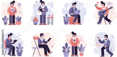 Diverse people engaged in various creative and productive activities with plants