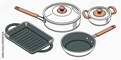 A set of kitchen cookware including pots and pans in a minimalist vector illustration style