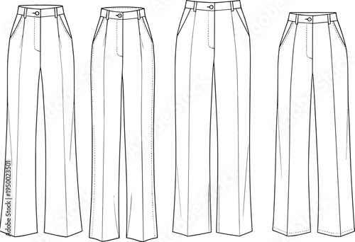 CAD drawing flat vector illustration of women’s tailored pants fashion design template, pleated, flat front, wide-leg formal trousers