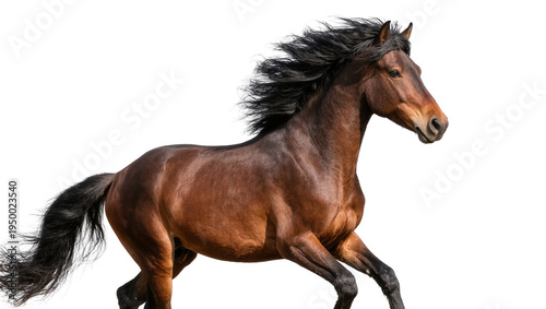 Isolated magnificent bay horse galloping with dynamic energy, flowing mane and tail in motion