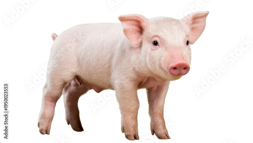 Isolated cute pink piglet standing full length, an adorable baby pig looking directly at camera