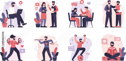 Diverse people engaged in work, fitness, and relaxation