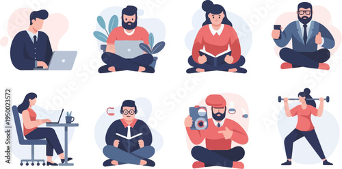 Diverse people engaged in various daily activities and hobbies