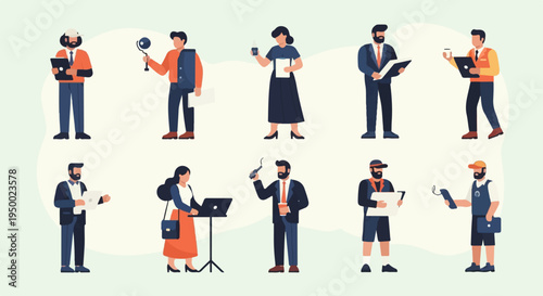 Diverse professionals engaged in various tasks, some with tools, others with documents