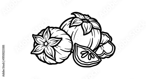A black and white illustration of garlic cloves and bulbs on a white background.