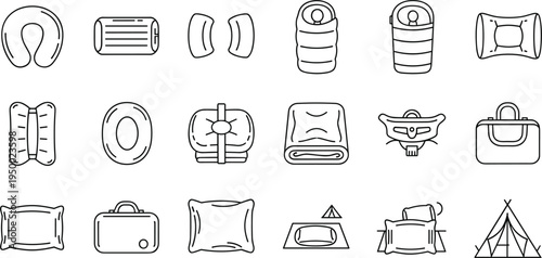 Travel pillow neck cushion and camping bedding line icon set with luggage vector illustration collection