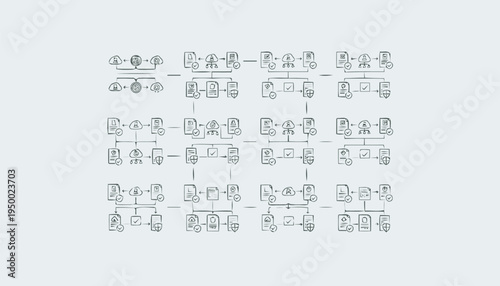 Complex network diagrams illustrating various interconnected systems and data flow.