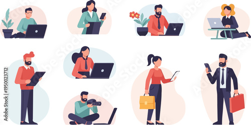 Diverse professionals engaged in various tasks using digital devices and work tools