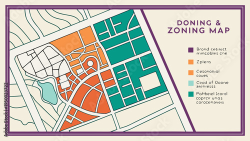 A vector graphic illustration of a zoning and land use map with colored sections and a key