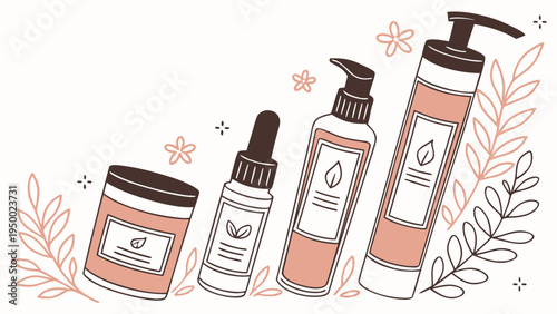 A minimalist vector illustration of skincare products with a floral design