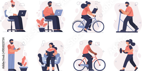 Eight cartoon illustrations of people engaging in various activities like working and exercising