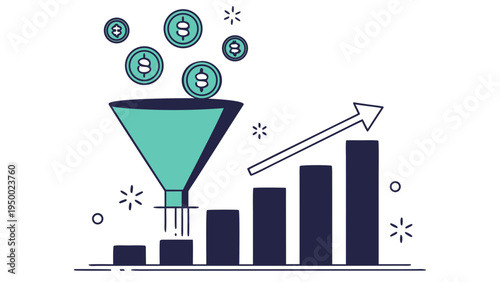 A vector graphic illustration of a funnel with coins and a bar chart showing growth and investment