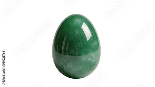 Isolated smooth polished green jade egg-shaped gemstone with natural veins and shiny surface.