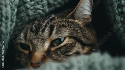 Tabby cat peeking from cozy blanket. Curious feline emerging with green eyes. Adorable pet hide and seek moment in knitted warmth