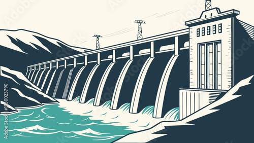 A vector graphic illustration of a hydroelectric dam in a mountainous landscape with a river flowing through it.