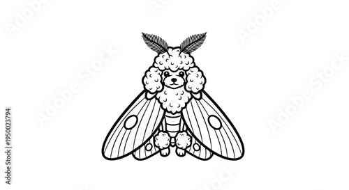 A simple black and white line drawing of a moth with distinctive markings on its wings.
