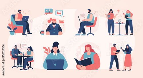 Diverse people engaged in work, learning, and social interactions