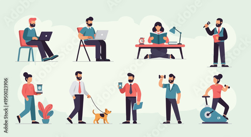 Diverse people engaged in various daily activities like working, exercising, and reading