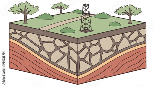 A vector graphic illustration of a cross-section of the earth with a drilling rig on the surface