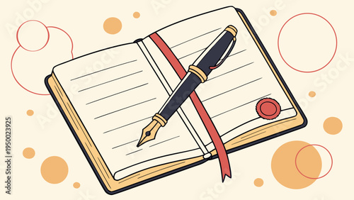 A minimalist vector illustration of an open notebook with a fountain pen on top, surrounded by colorful circles.
