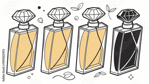 A minimalist vector illustration of four perfume bottles with diamond caps and leaves