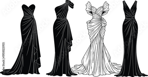 elegant, evening, gown, fashion, silhouettes, black, white, dress, collection, luxury, formal, couture, illustration, vector, style, glamour, women, apparel, design, boutique