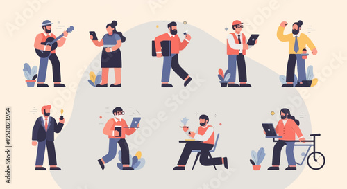 Flat illustrated figures engaged in various daily activities