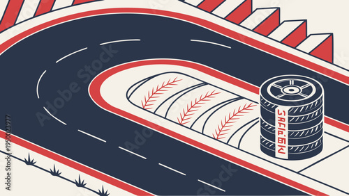 A vector graphic illustration of a racing track with a stack of tires and a baseball on the side