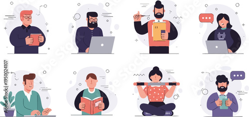 Diverse people engaged in work, learning, fitness, and communication activities