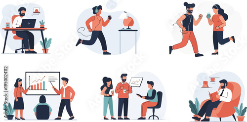 Diverse people engaged in work, fitness, and leisure activities