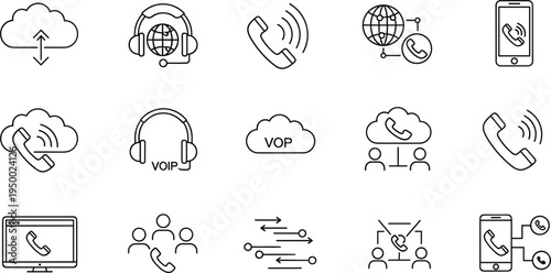 VoIP cloud calling and online communication line icon set with headset phone internet vector illustration